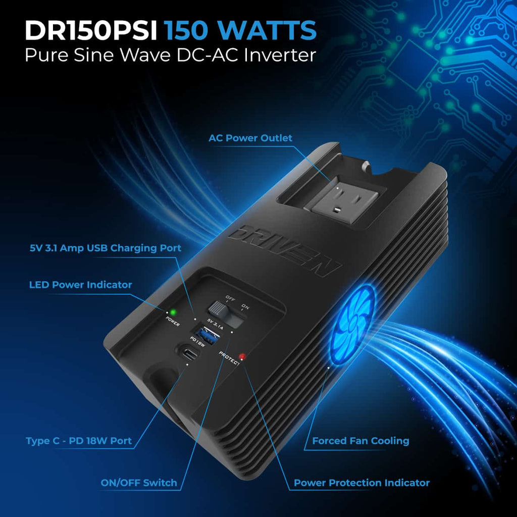 DR150PSI : 150 Watt, 12 Volt DC-110V AC Pure Sine Wave Invertor